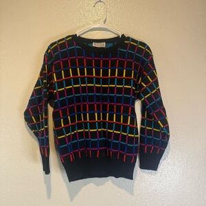 VTG Jane Adams Black Multicolor Grid Crewneck Sweater medium